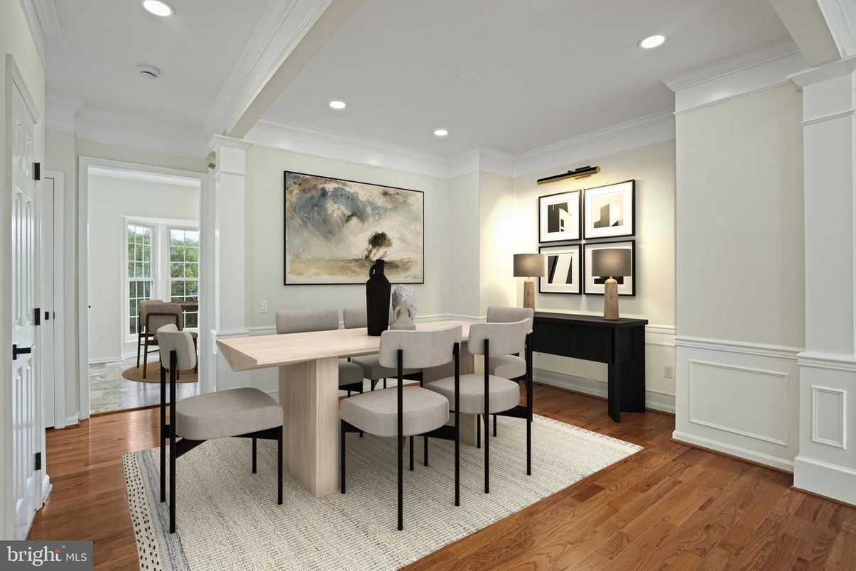 Dining room, Interior, Recessed Lighting, Wood Texture Flooring