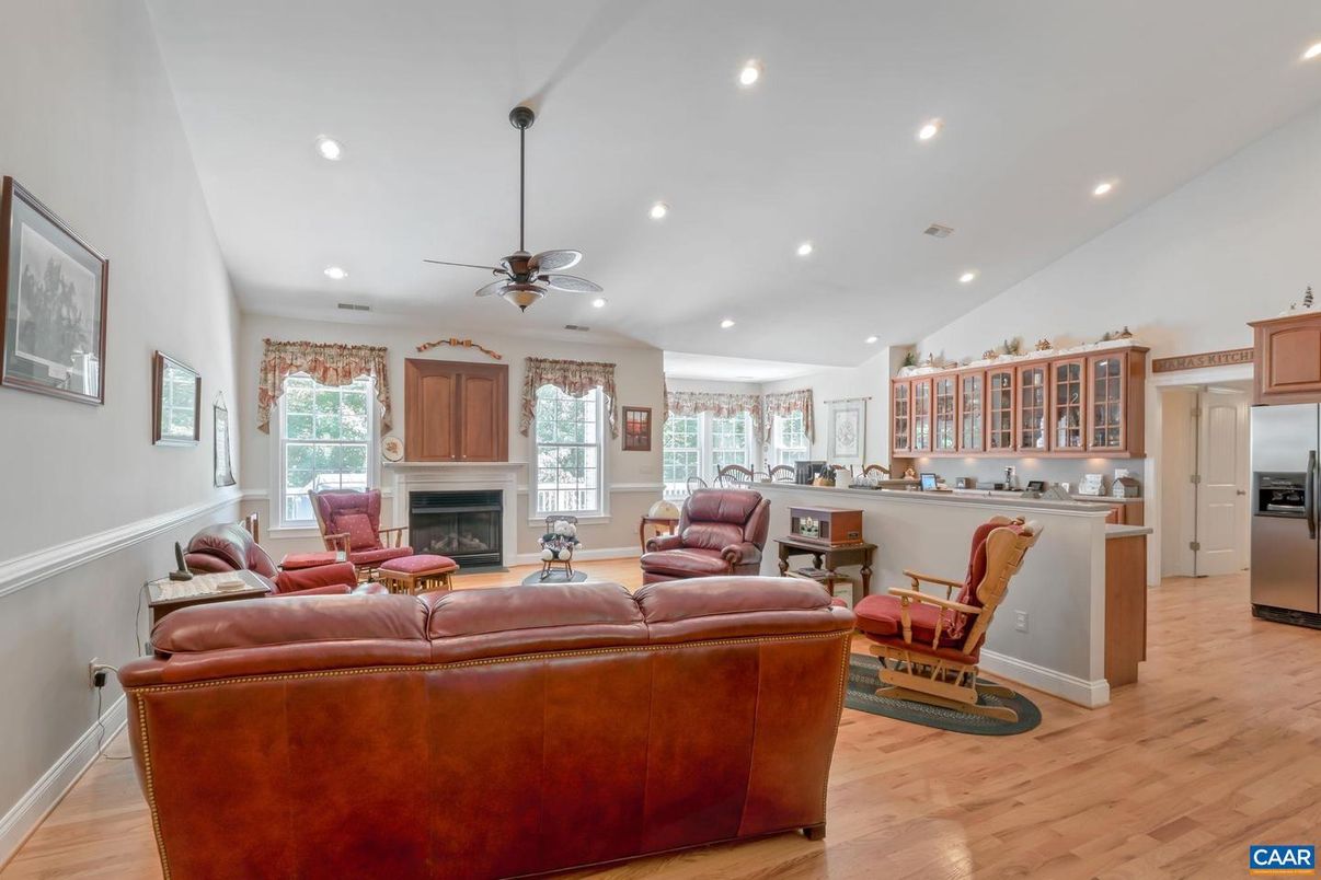 Fireplace, Interior, Kitchen, Living room, Recessed Lighting, Wood Texture Flooring