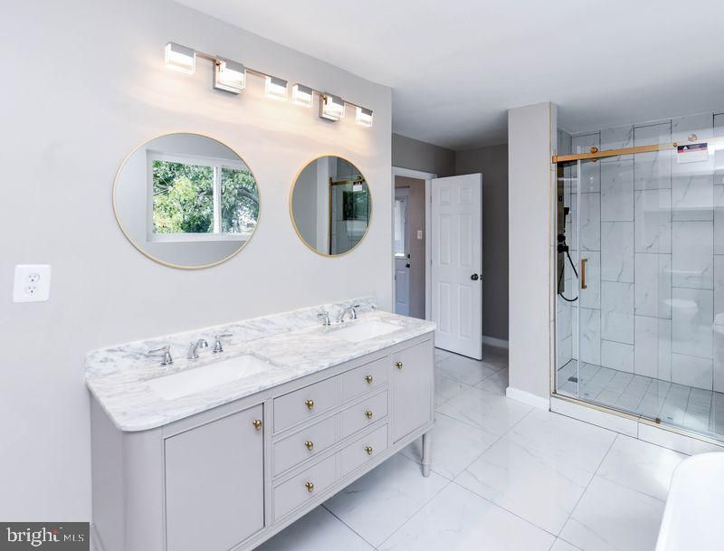 Bathroom, Dual Sink Vanities, Glass Shower, Interior, Marble, Marble Walls