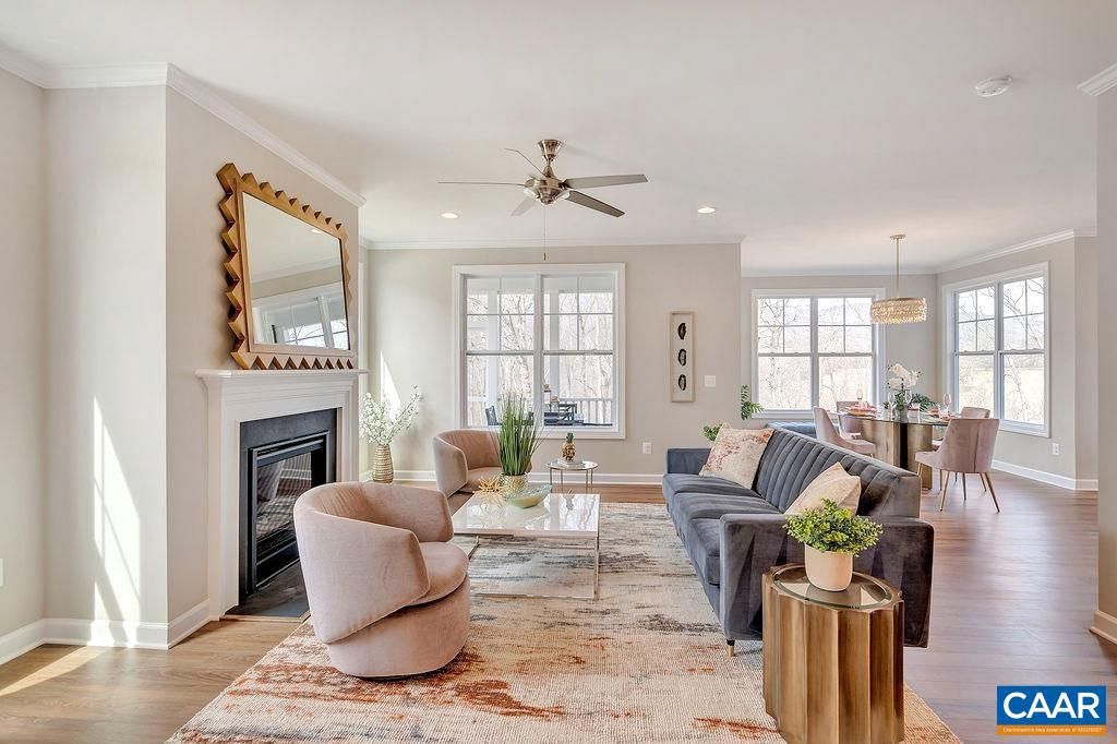 Dining room, Fireplace, Interior, Living room, Pendant Lights, Recessed Lighting, Wood Texture Flooring