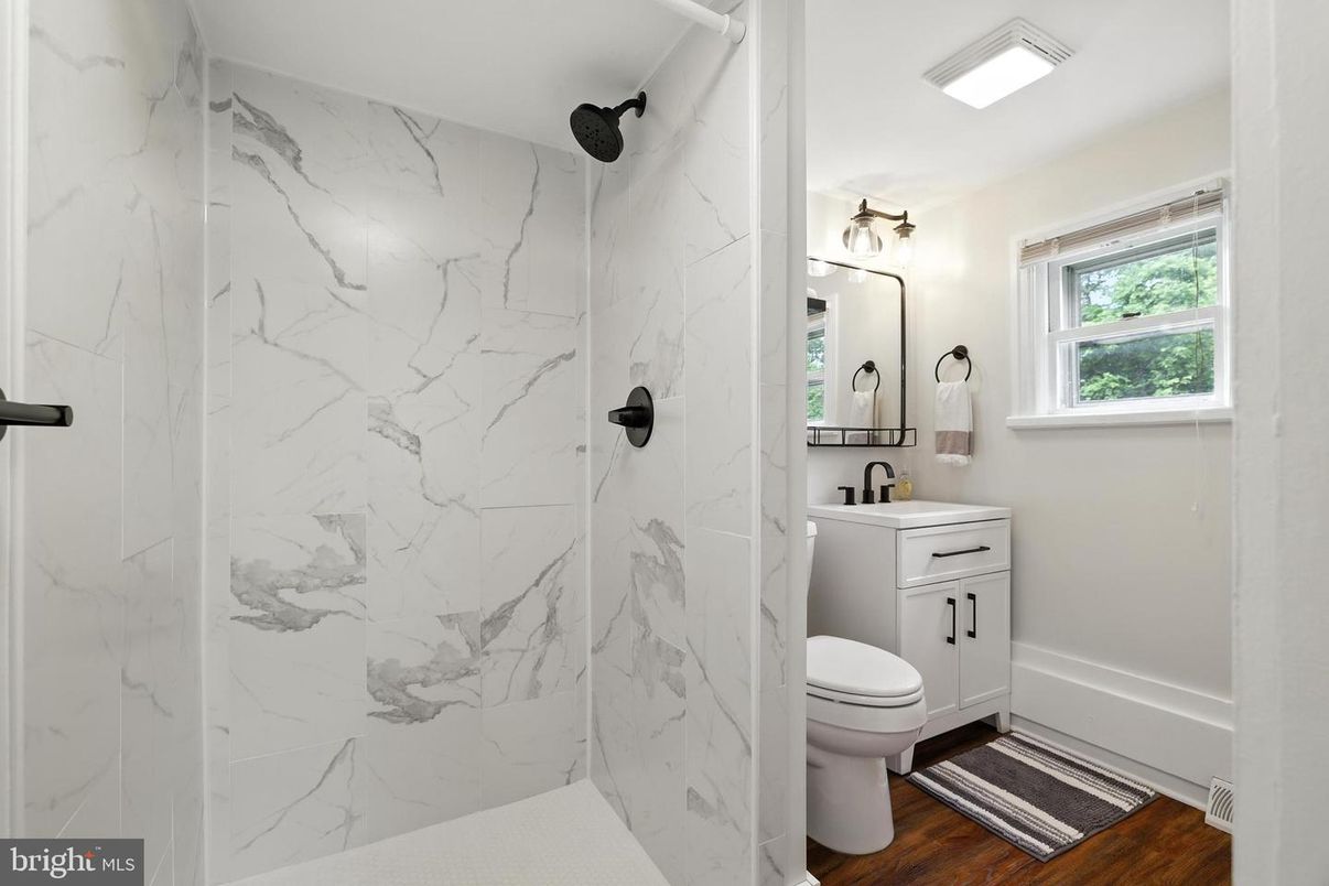 Bathroom, Interior, Marble Walls, Wood Texture Flooring