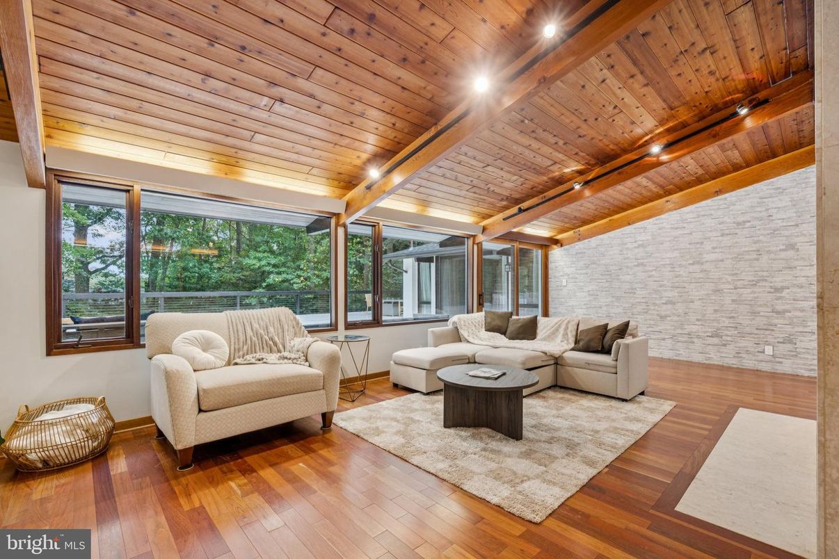 Interior, Living room, Recessed Lighting, Stone Walls, Wooden Beams, Wooden Ceilings, Wood Texture Flooring
