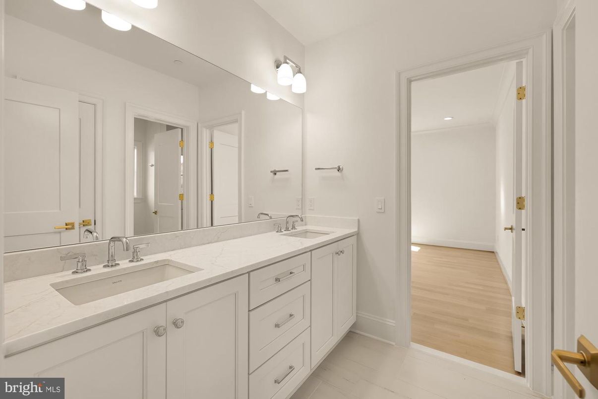 Bathroom, Dual Sink Vanities, Interior, Recessed Lighting, Wood Texture Flooring