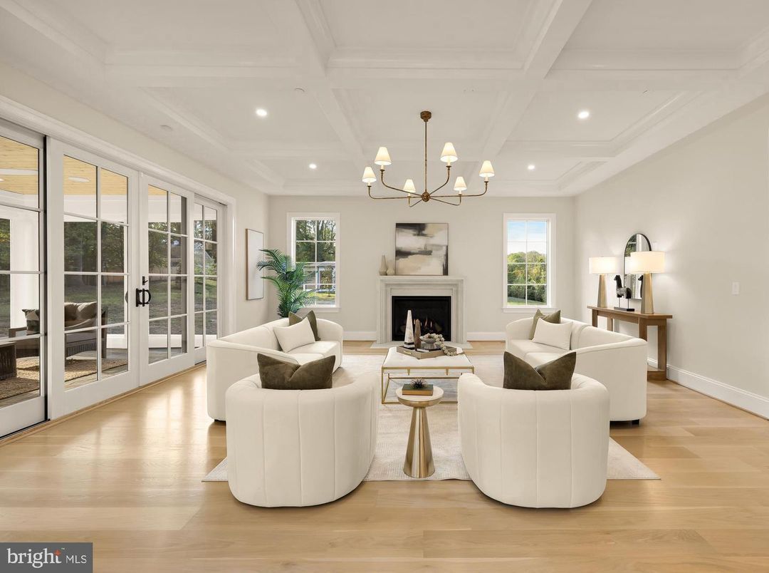 Chandelier, Fireplace, Interior, Living room, Recessed Lighting, Wood Texture Flooring