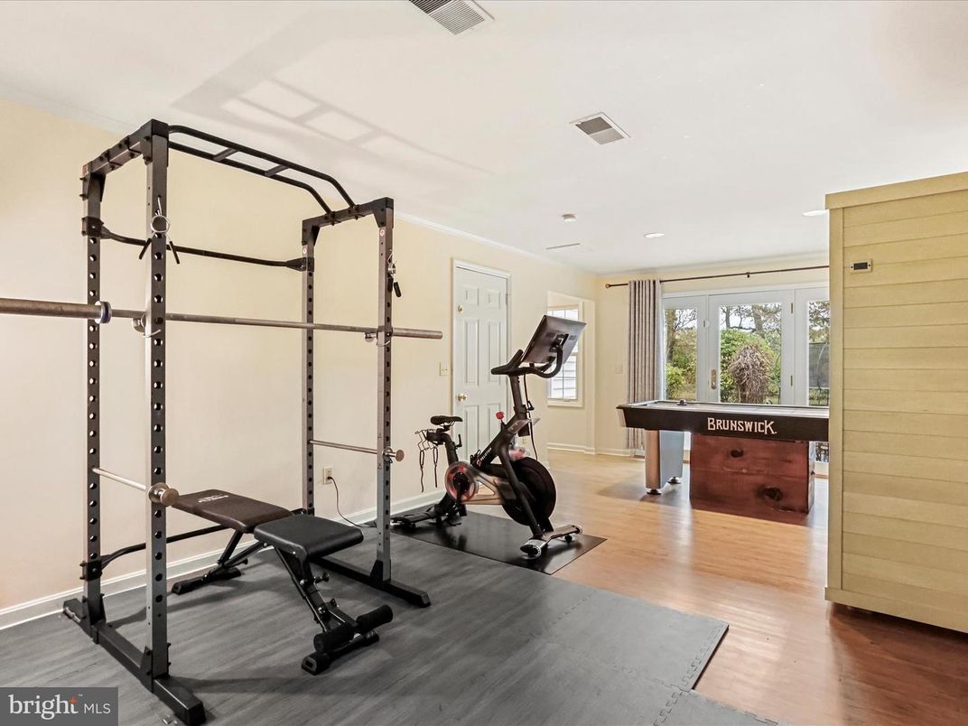 Billiard Table, Fitness Equipment, Game Room, Interior, Recessed Lighting, Wood Texture Flooring