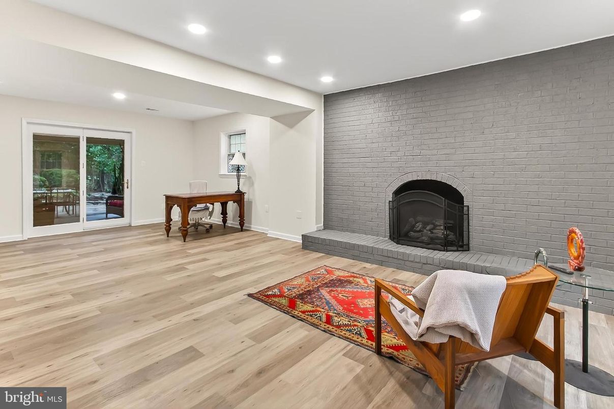 Fireplace, Interior, Recessed Lighting, Stone Walls, Wood Texture Flooring