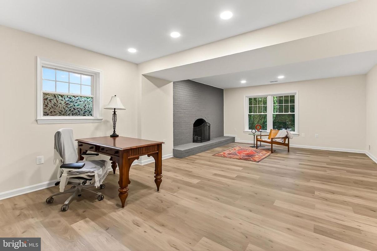 Fireplace, Home Office, Interior, Recessed Lighting, Wood Texture Flooring