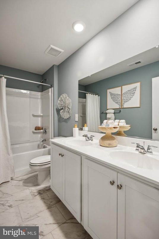 Bathroom, Dual Sink Vanities, Glass Shower, Interior, Marble, Recessed Lighting
