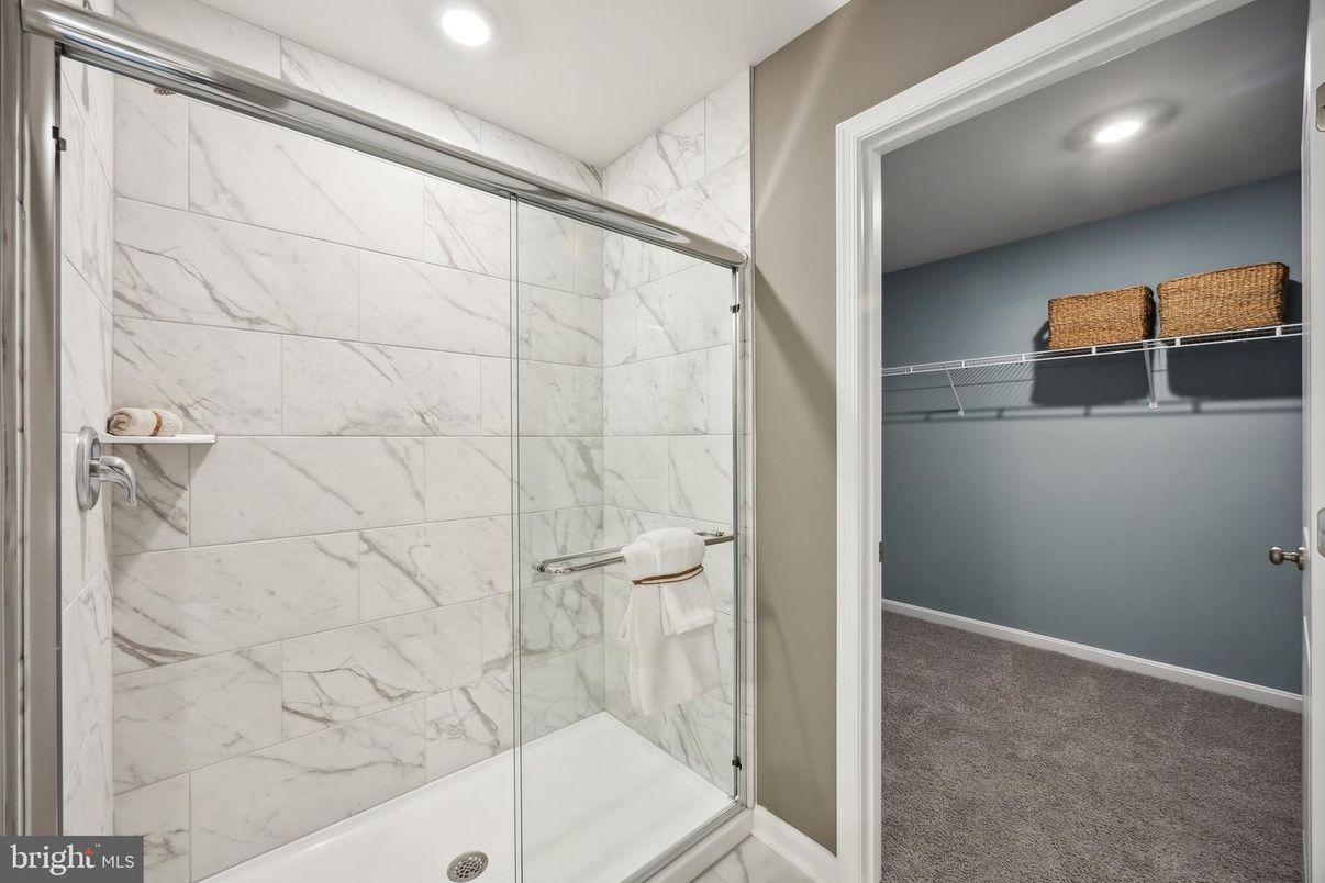 Bathroom, Glass Shower, Interior, Marble Walls, Recessed Lighting