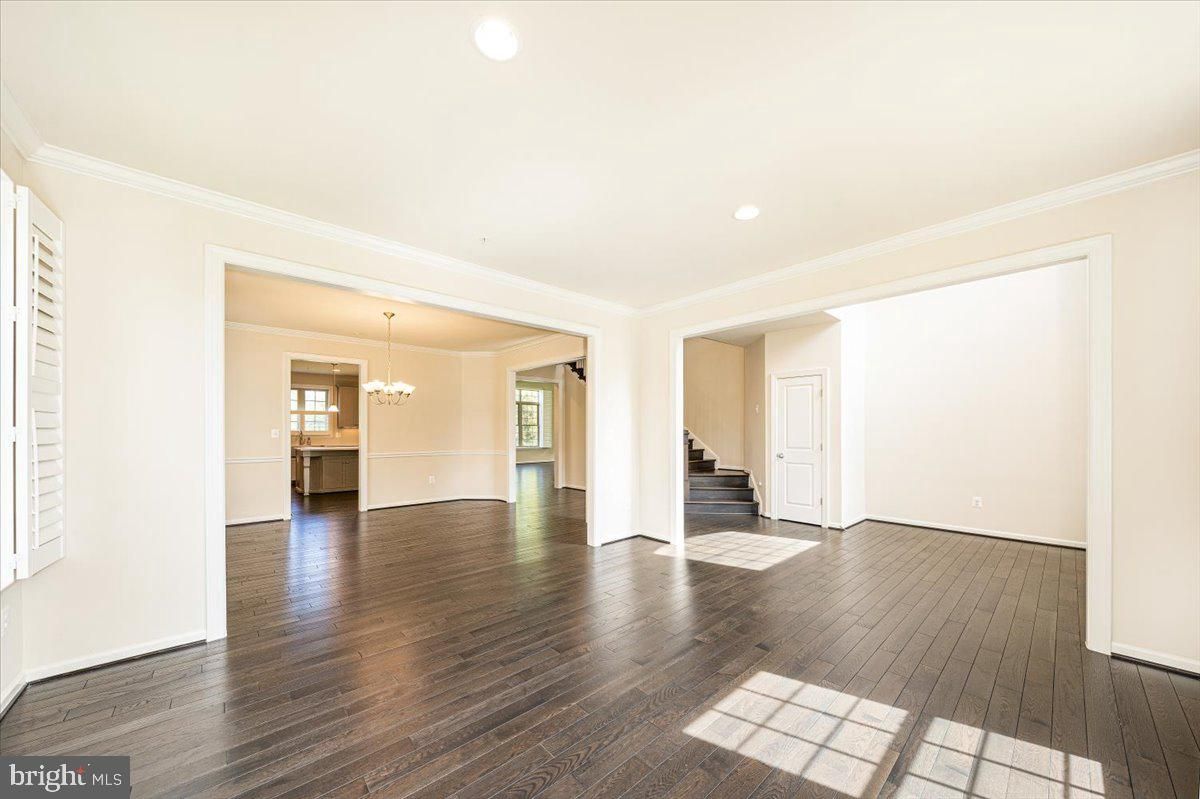 Chandelier, Empty room, Interior, Recessed Lighting, Wood Texture Flooring