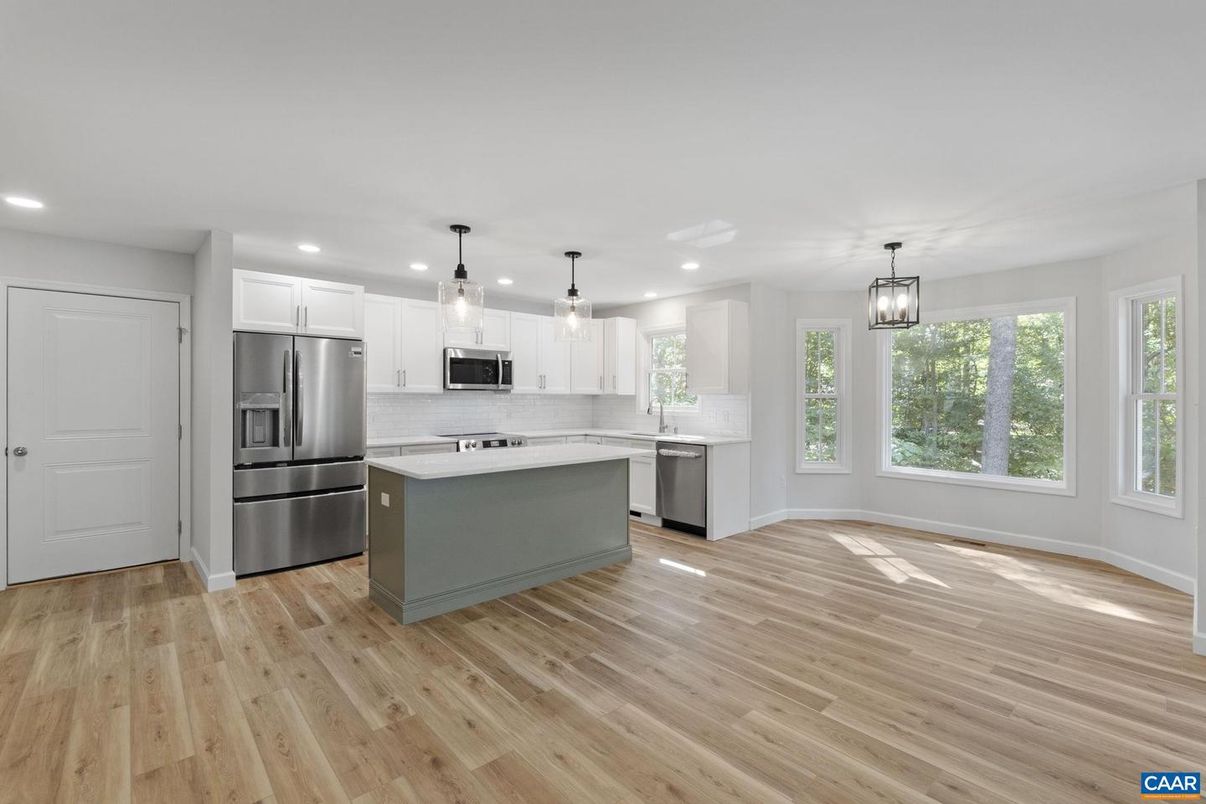 Interior, Kitchen, Pendant Lights, Recessed Lighting, Stainless Steel Appliances, Wood Texture Flooring