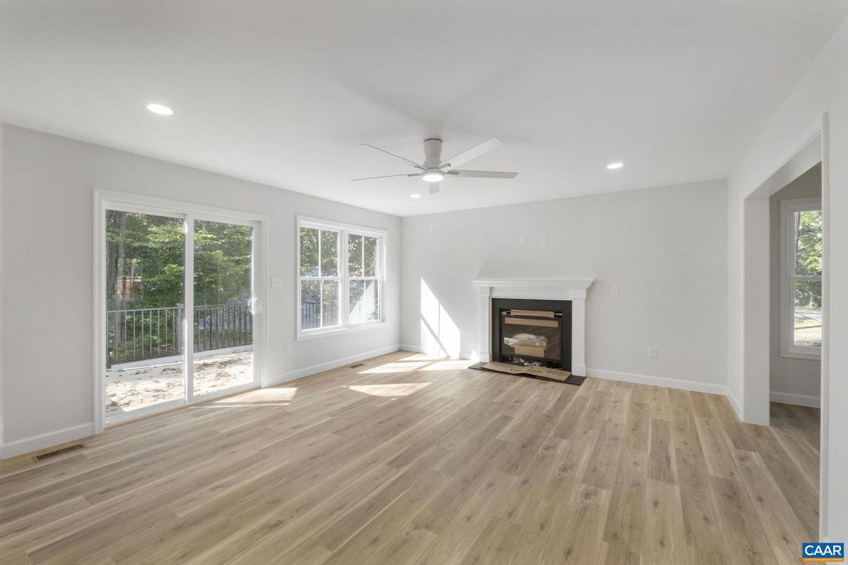 Empty room, Fireplace, Interior, Recessed Lighting, Wood Texture Flooring