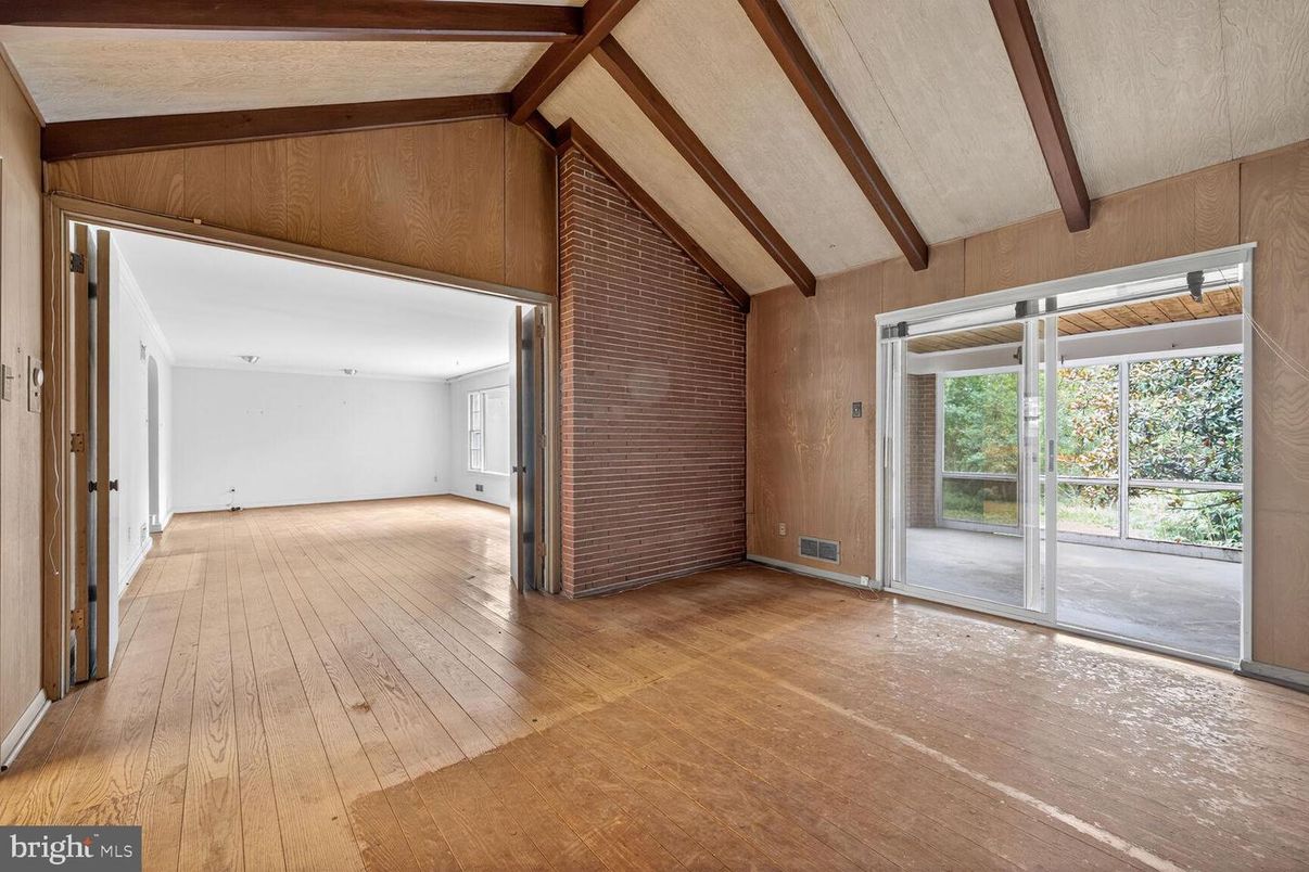 Empty room, Interior, Stone Walls, Wooden Beams, Wood Texture Flooring