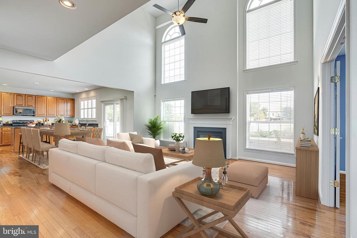 Dining room, Fireplace, Interior, Kitchen, Living room, Recessed Lighting, Wood Texture Flooring