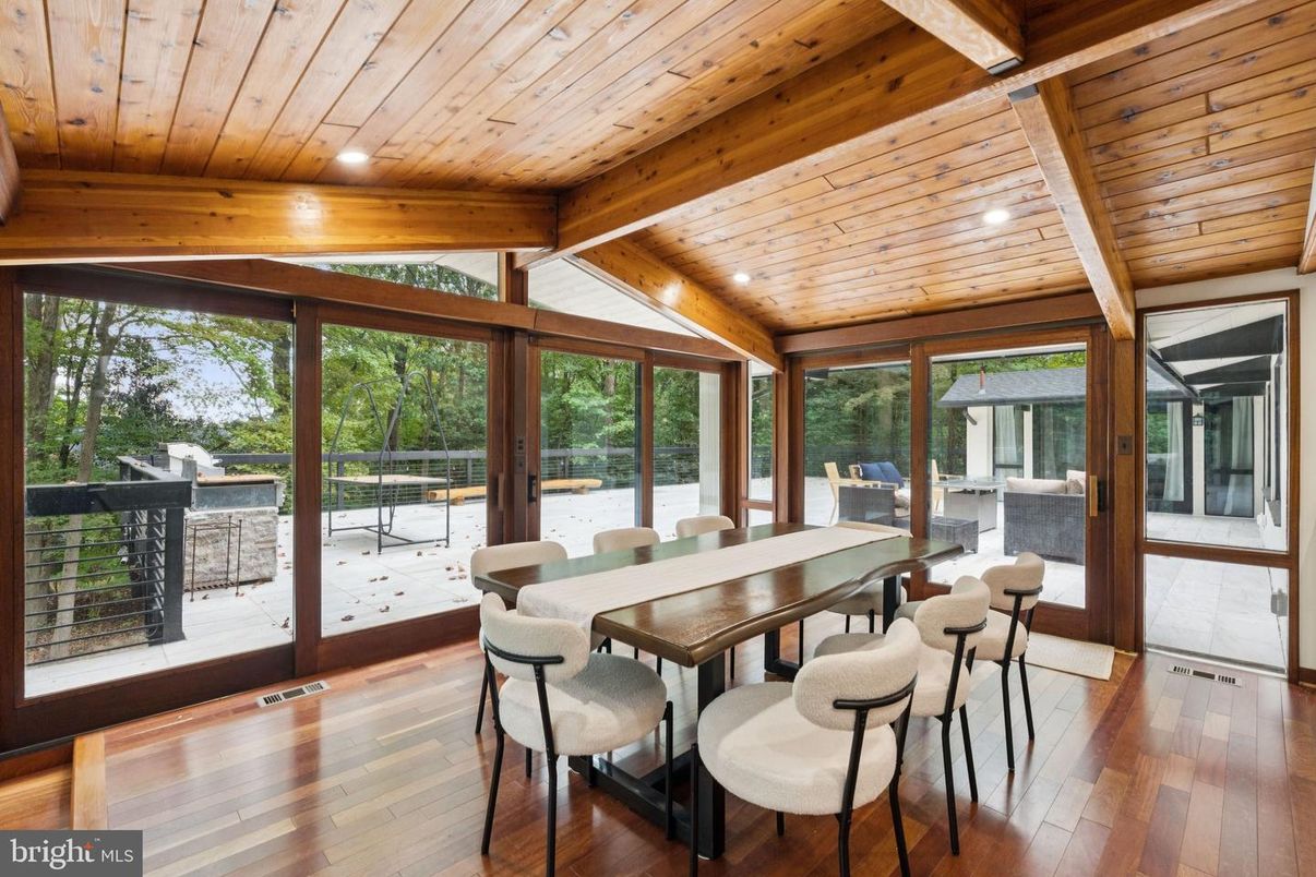 Dining room, Interior, Recessed Lighting, Wooden Beams, Wooden Ceilings, Wood Texture Flooring
