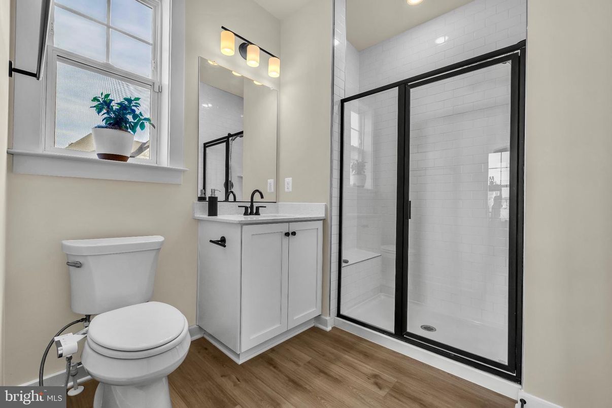 Bathroom, Glass Shower, Interior, Recessed Lighting, Wood Texture Flooring