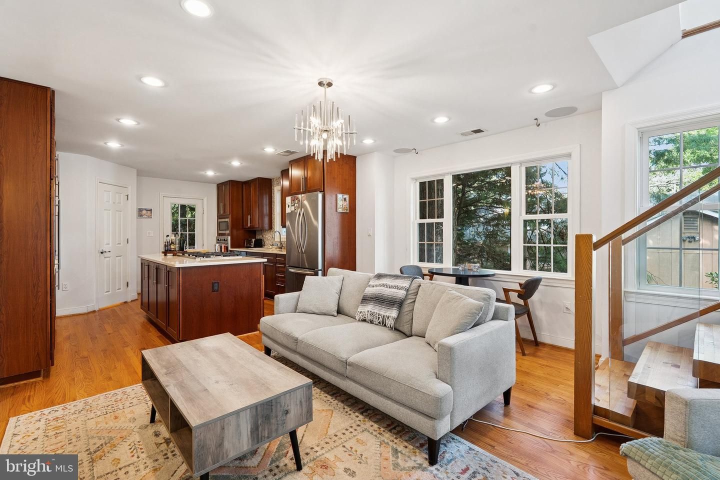 Chandelier, Dining room, Interior, Kitchen, Living room, Recessed Lighting, Wood Texture Flooring