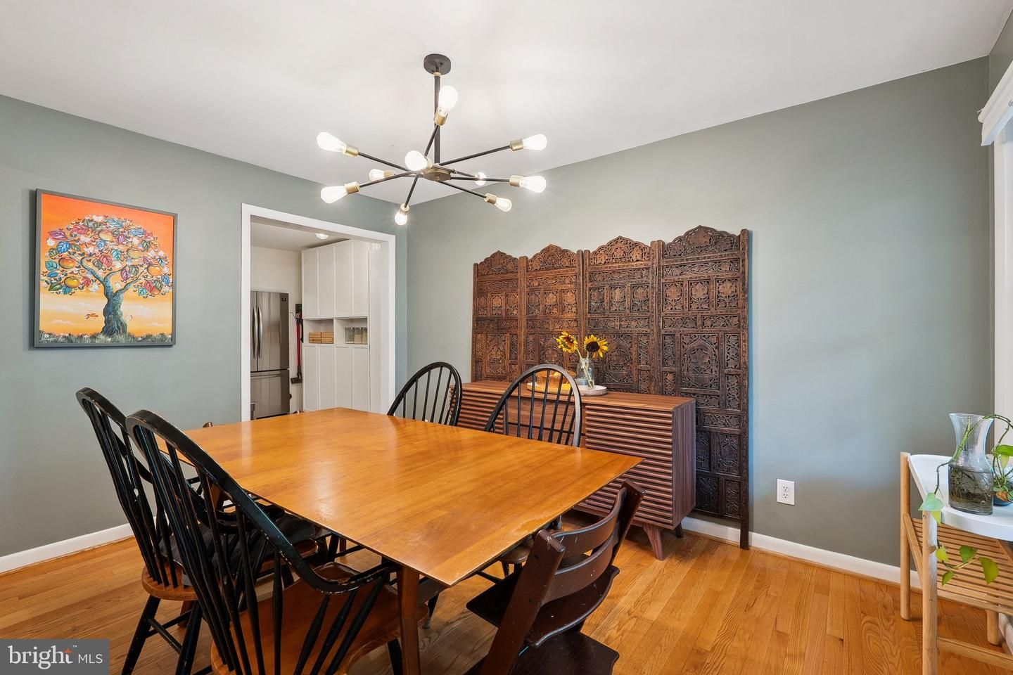 Dining room, Interior, Pendant Lights, Wood Texture Flooring