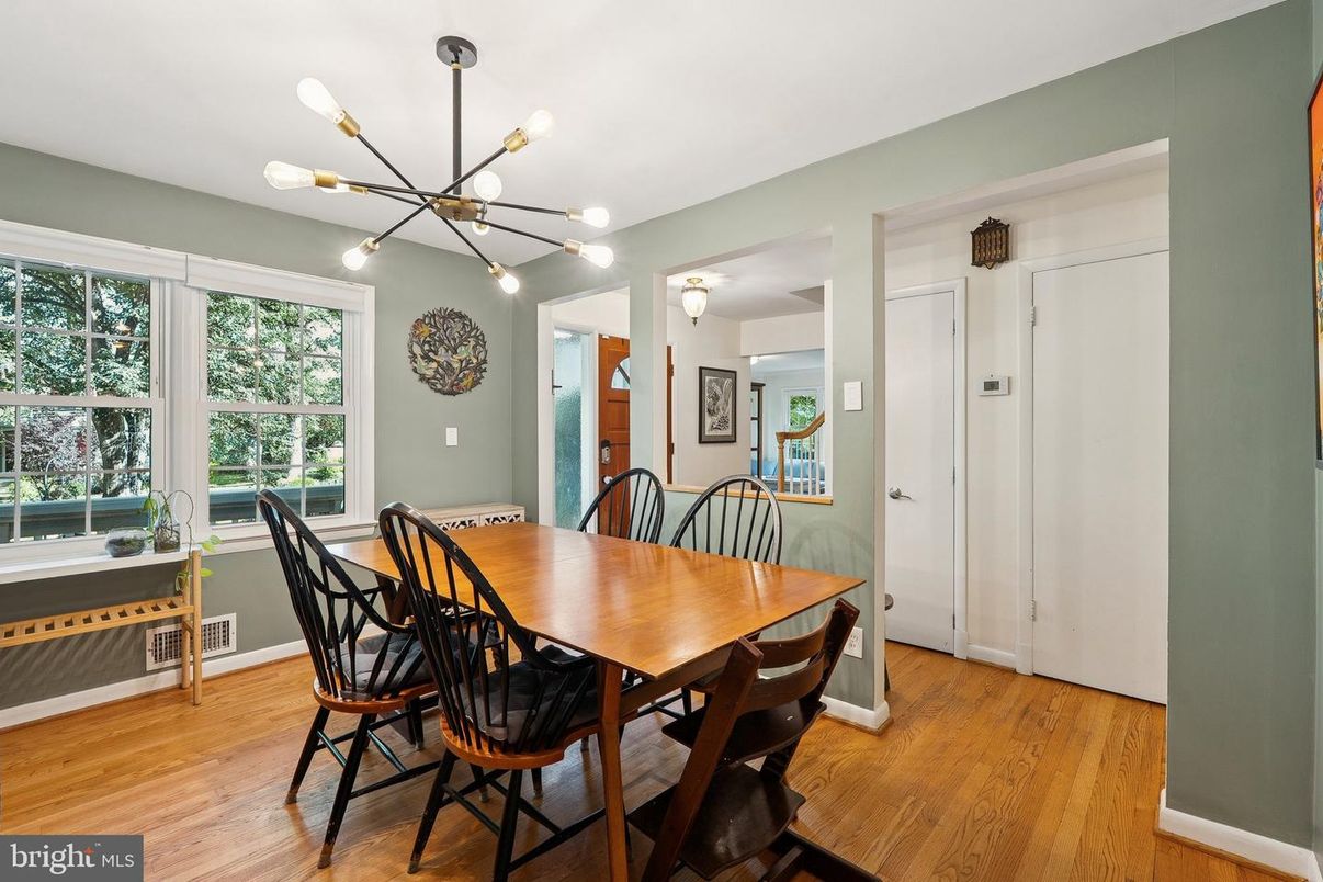 Dining room, Interior, Pendant Lights, Wood Texture Flooring