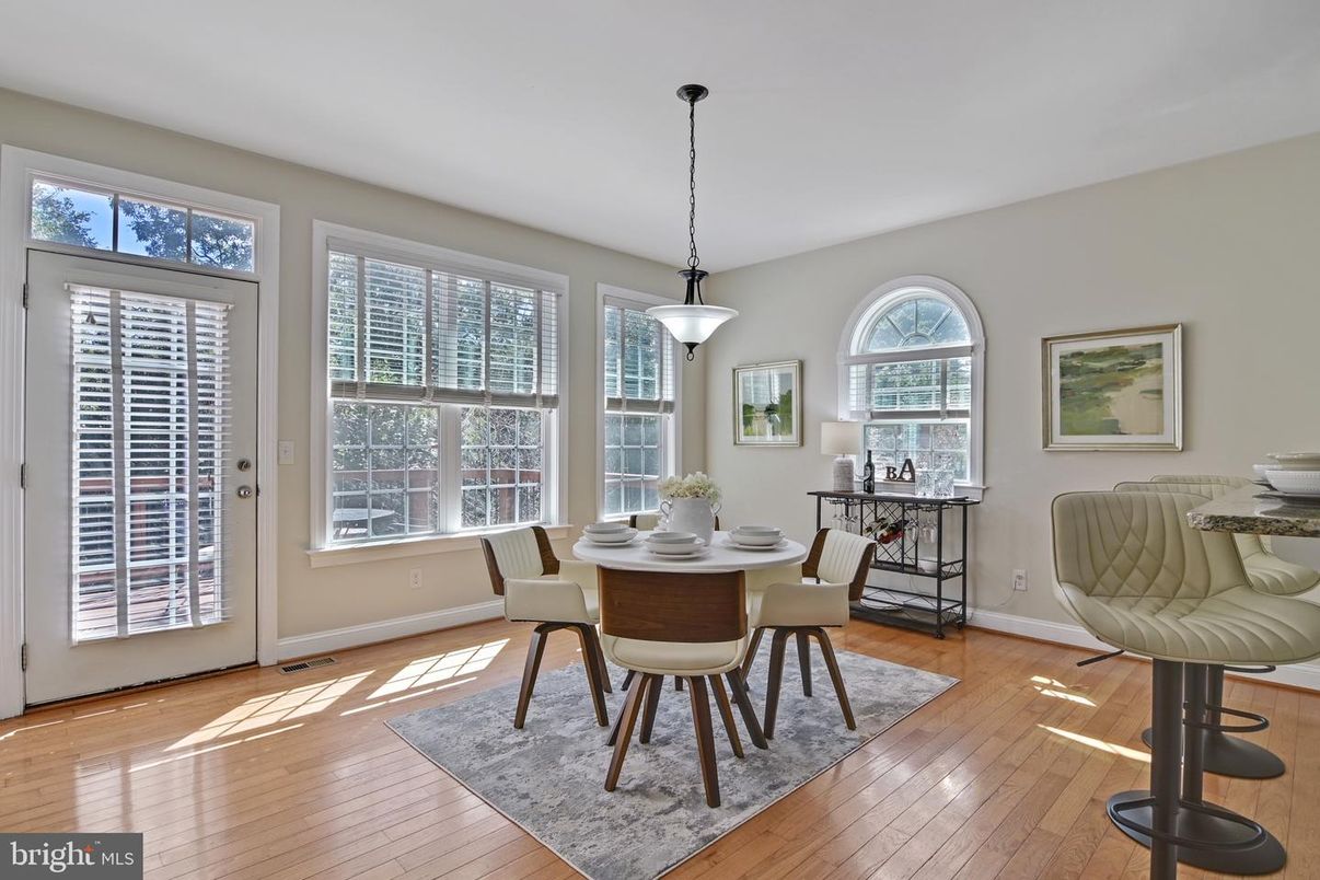 Dining room, Interior, Pendant Lights, Wood Texture Flooring