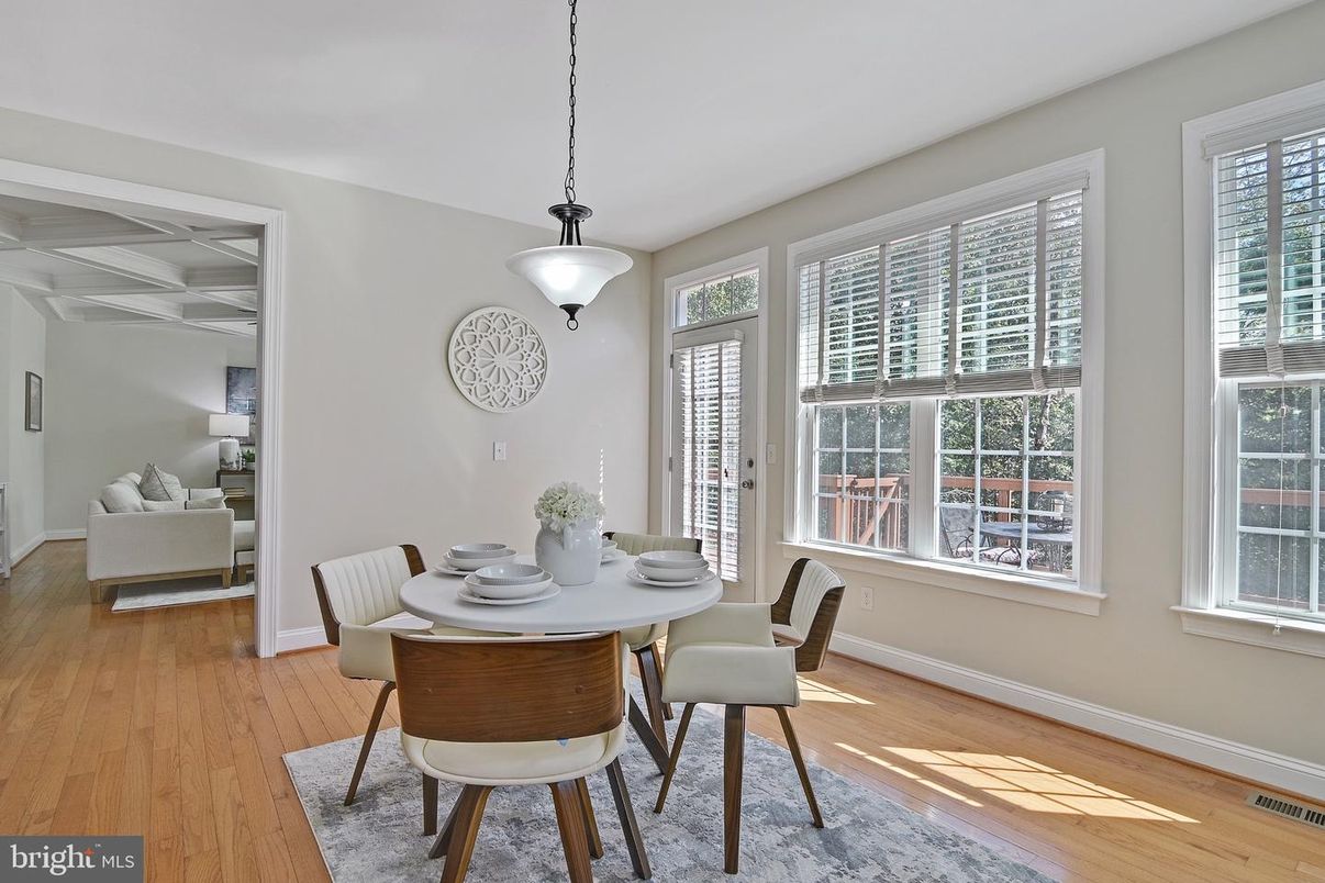 Dining room, Interior, Pendant Lights, Wood Texture Flooring