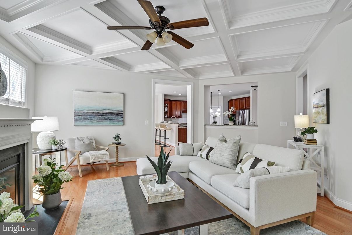 Fireplace, Interior, Kitchen, Living room, Pendant Lights, Recessed Lighting, Wood Texture Flooring