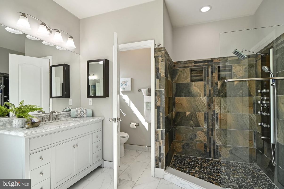 Bathroom, Dual Sink Vanities, Glass Shower, Interior, Marble, Recessed Lighting