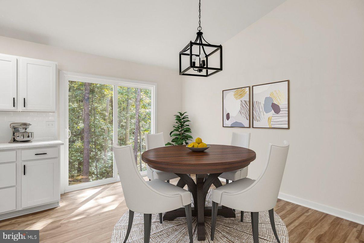Dining room, Interior, Pendant Lights, Wood Texture Flooring