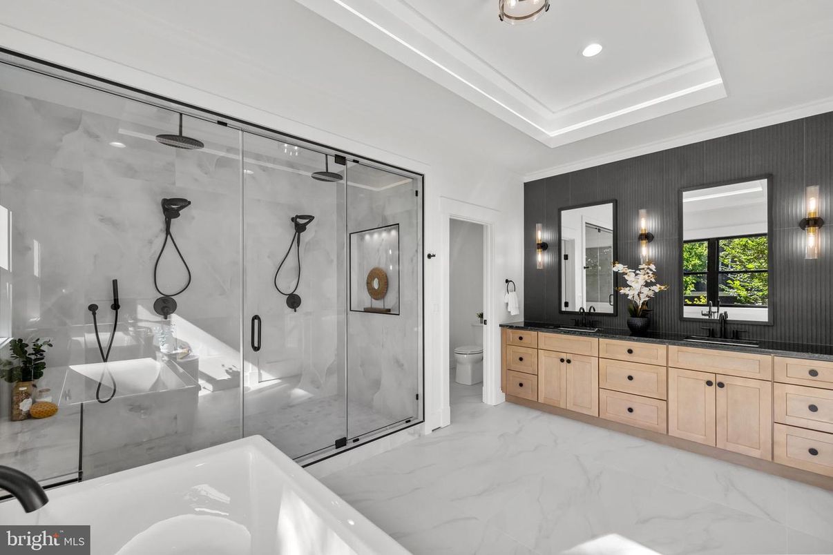 Bathroom, Dual Sink Vanities, Glass Shower, Interior, Marble, Recessed Lighting