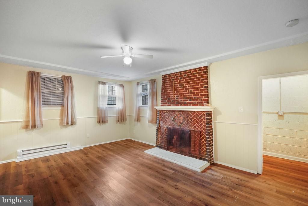 Empty room, Fireplace, Interior, Stone Walls, Wood Texture Flooring
