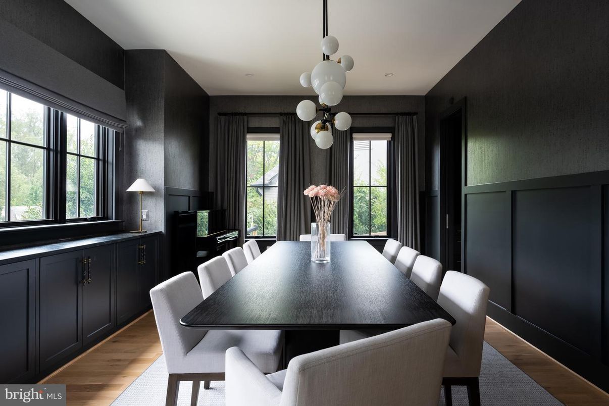 Dining room, Interior, Pendant Lights, Wood Texture Flooring