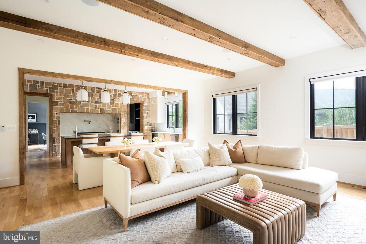 Dining room, Interior, Kitchen, Living room, Pendant Lights, Recessed Lighting, Stone Walls, Wooden Beams, Wood Texture Flooring