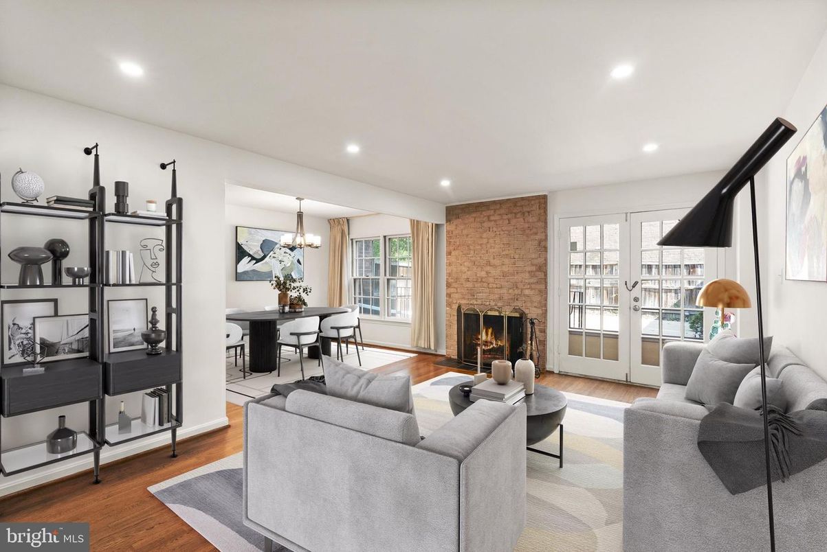 Chandelier, Dining room, Fireplace, Interior, Living room, Recessed Lighting, Stone Walls, Wood Texture Flooring