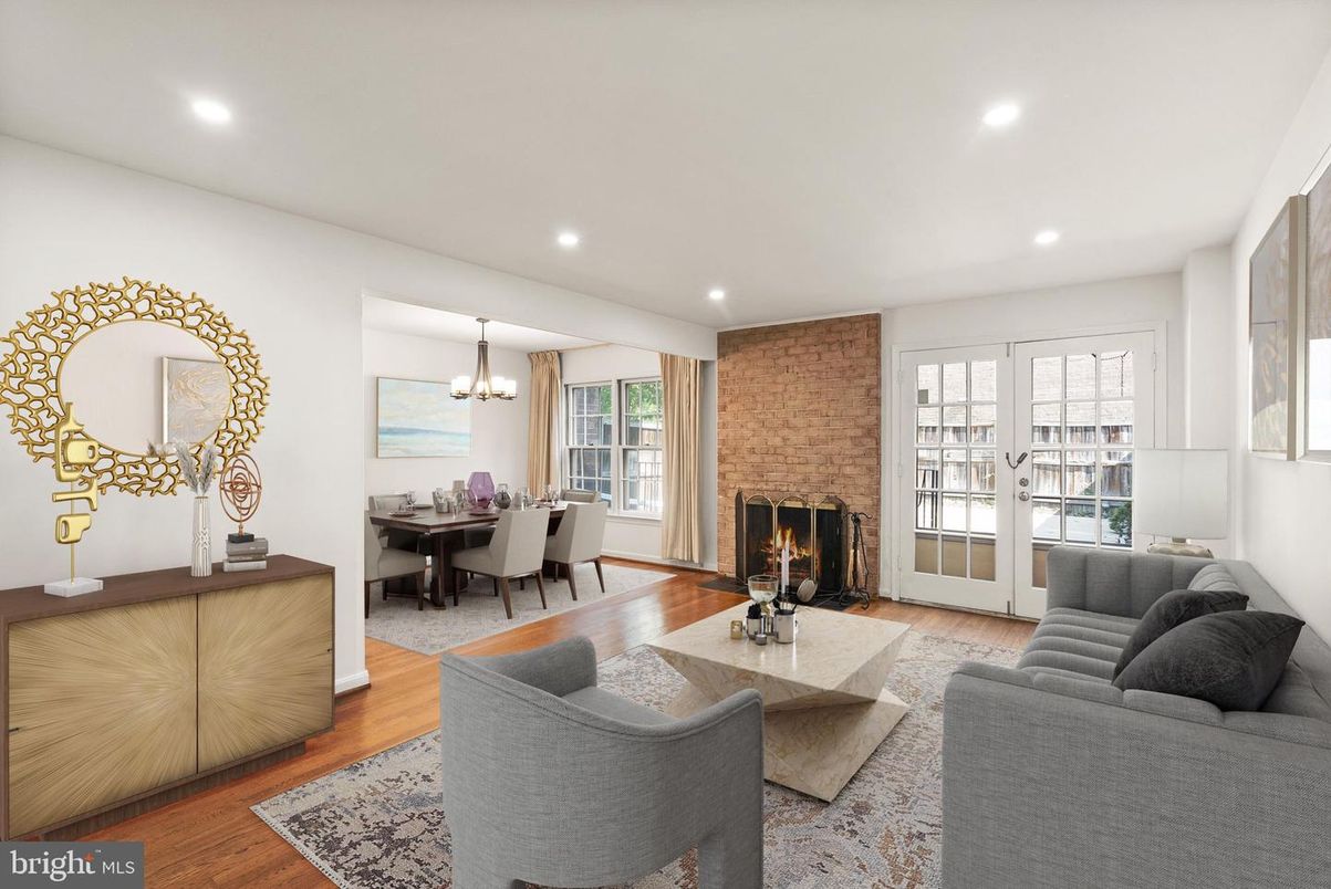 Chandelier, Dining room, Fireplace, Interior, Living room, Recessed Lighting, Stone Walls, Wood Texture Flooring