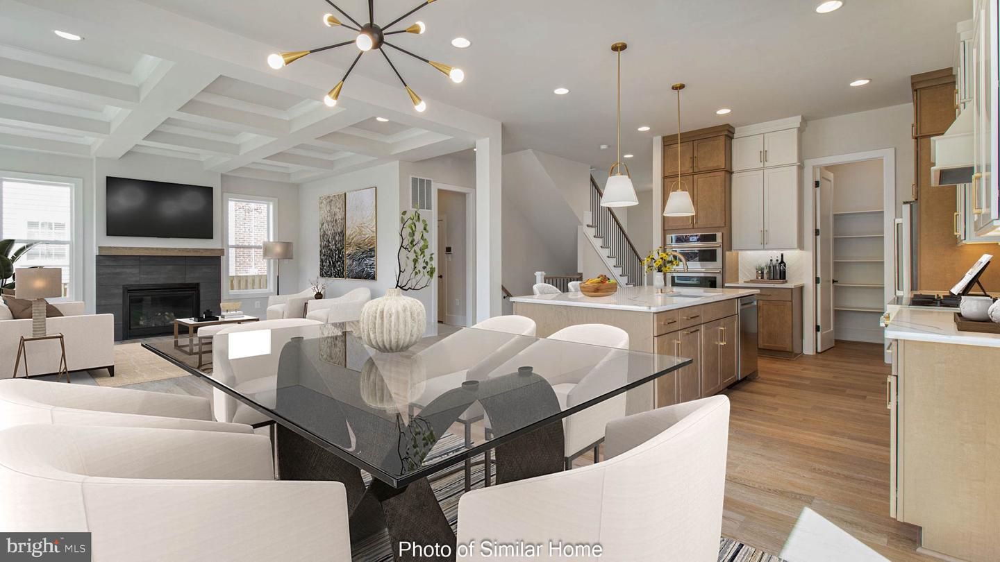 Dining room, Fireplace, Interior, Kitchen, Living room, Pendant Lights, Recessed Lighting, Stainless Steel Appliances, Wood Texture Flooring