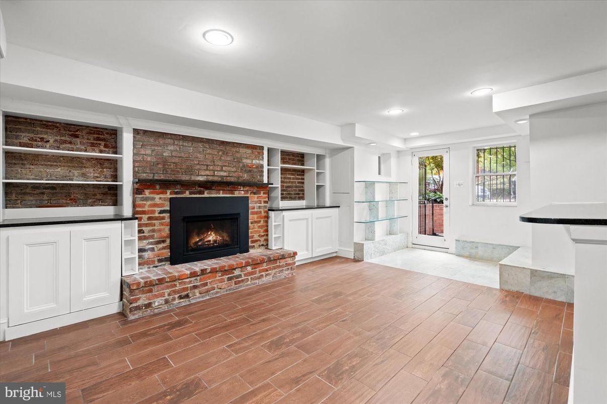 Fireplace, Interior, Recessed Lighting, Stone Walls, Wood Texture Flooring