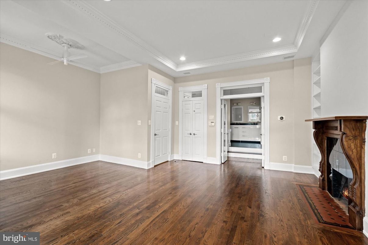 Empty room, Fireplace, Interior, Recessed Lighting, Wood Texture Flooring