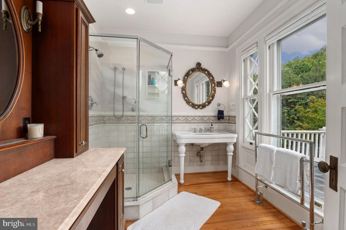 Bathroom, Glass Shower, Interior, Recessed Lighting, Wood Texture Flooring