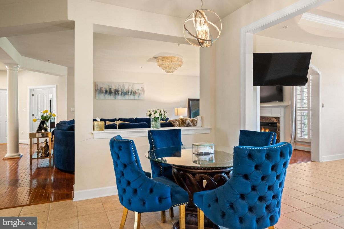 Chandelier, Dining room, Fireplace, Interior, Living room, Pendant Lights, Wood Texture Flooring