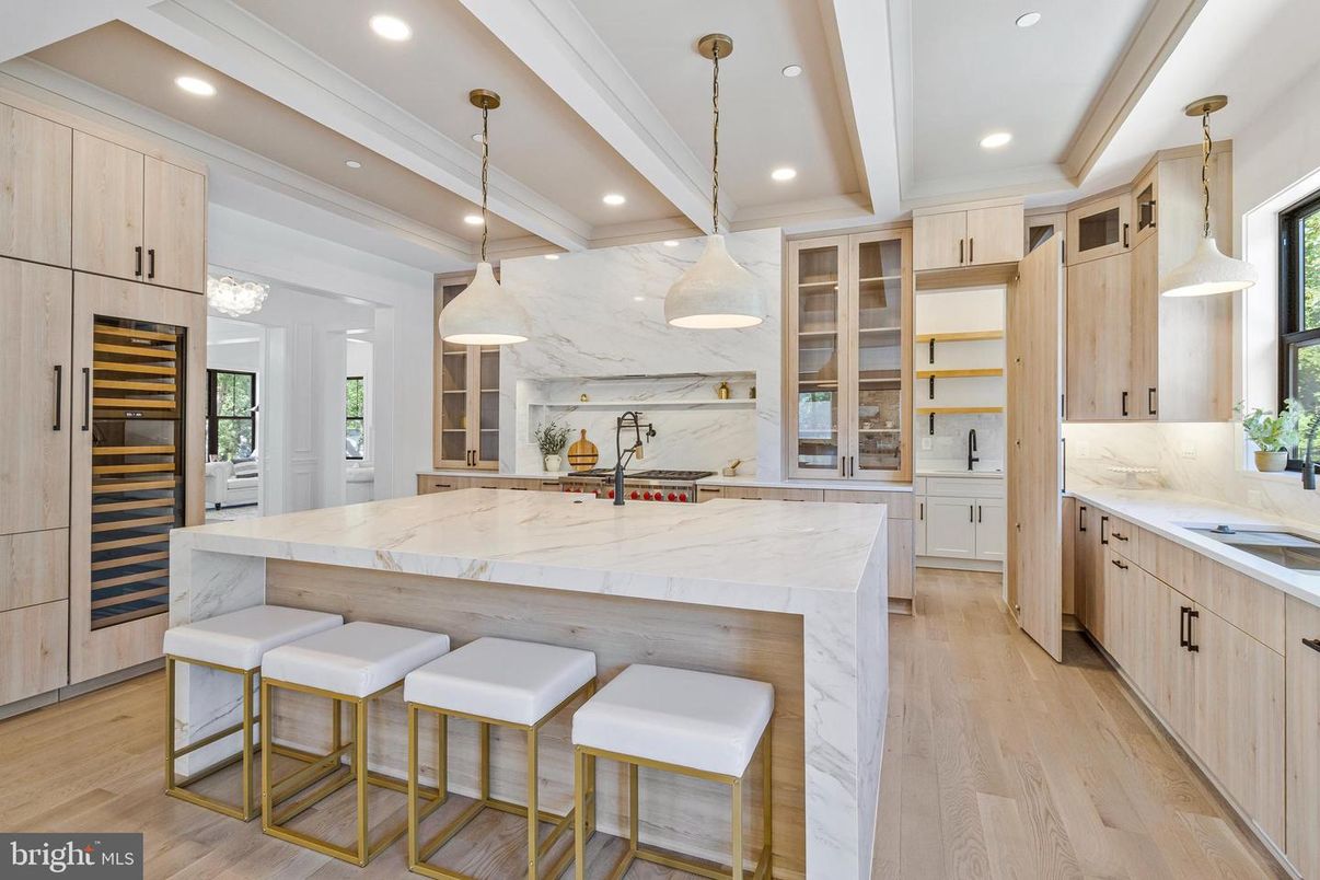 Interior, Kitchen, Marble Walls, Pendant Lights, Recessed Lighting, Wood Texture Flooring