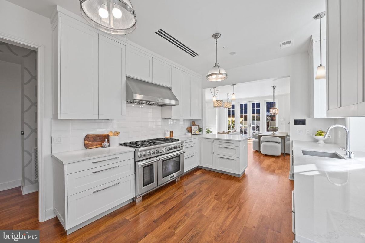 Interior, Kitchen, Pendant Lights, Stainless Steel Appliances, Wood Texture Flooring