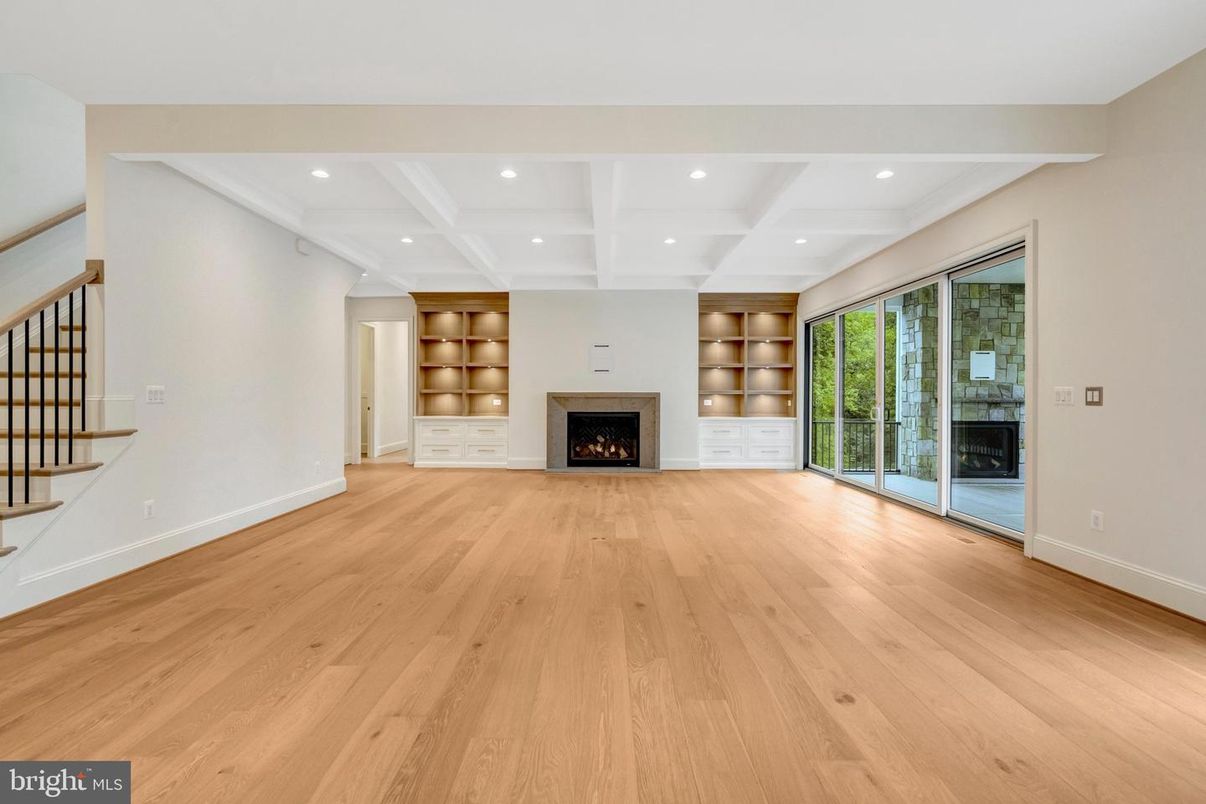 Empty room, Fireplace, Interior, Recessed Lighting, Wood Texture Flooring