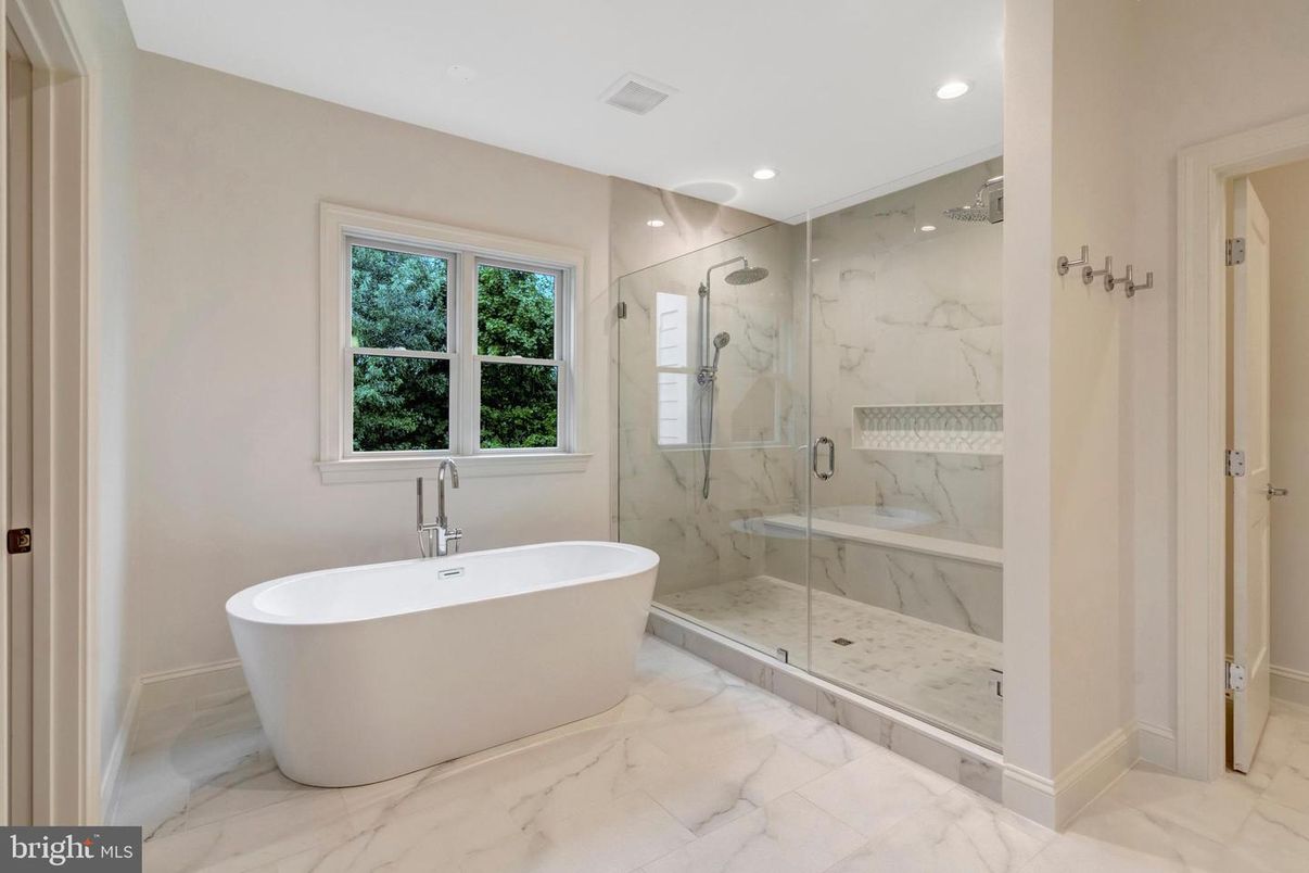 Bathroom, Free Standing Baths, Glass Shower, Interior, Marble, Marble Walls, Recessed Lighting