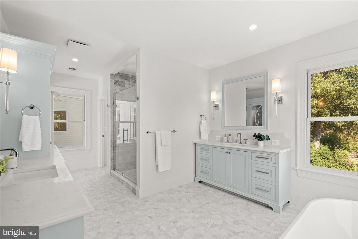 Bathroom, Dual Sink Vanities, Glass Shower, Interior, Marble, Recessed Lighting