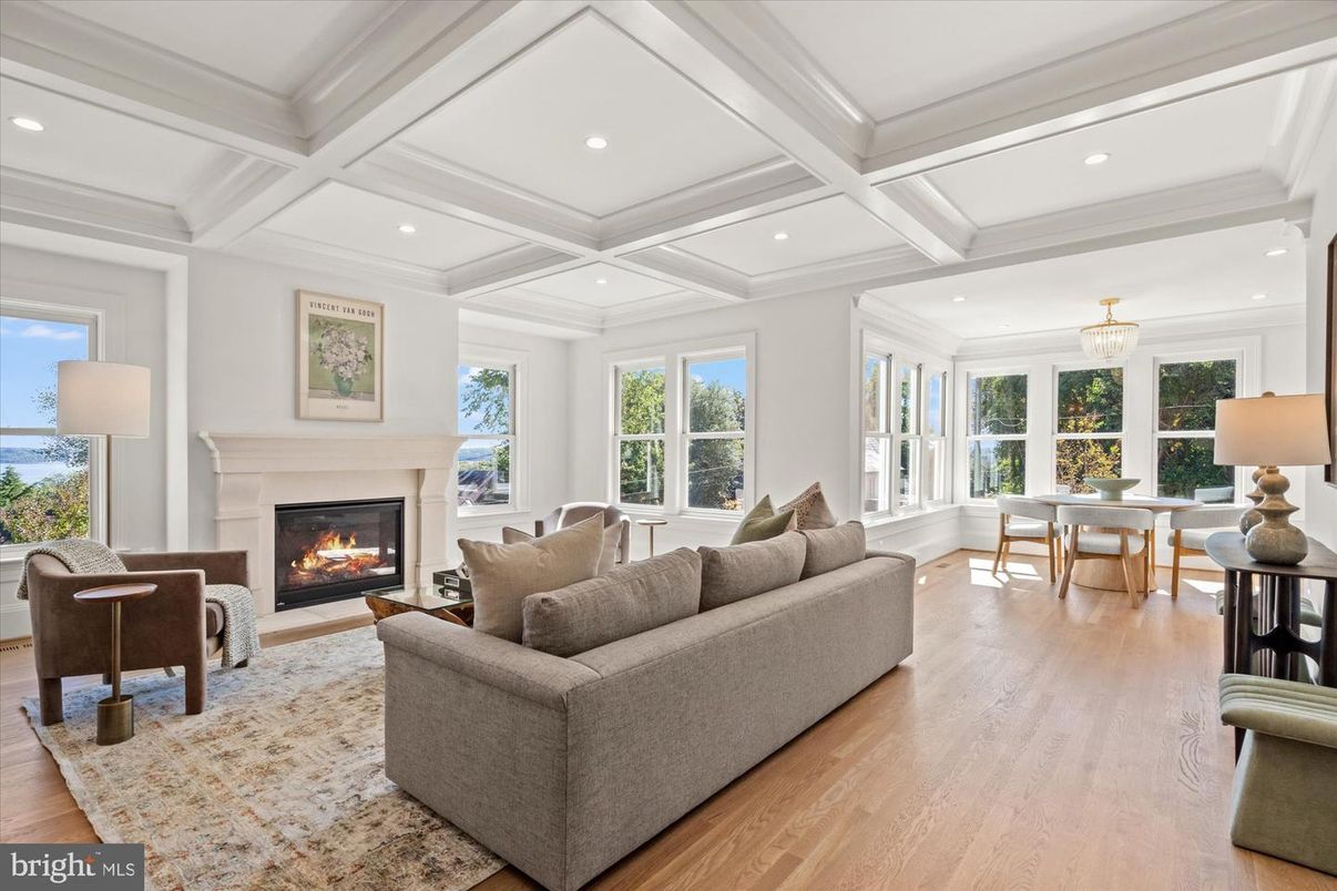 Chandelier, Dining room, Fireplace, Interior, Living room, Recessed Lighting, Wood Texture Flooring