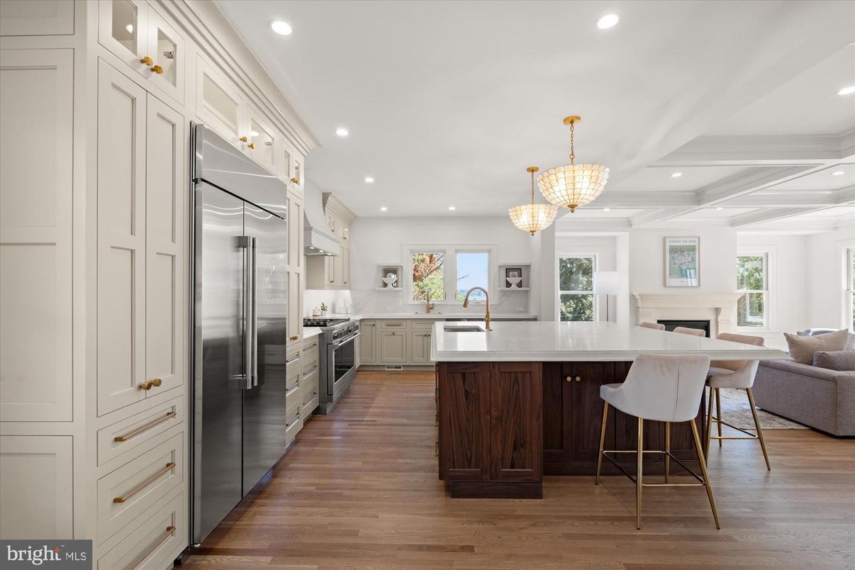 Chandelier, Interior, Kitchen, Recessed Lighting, Stainless Steel Appliances, Wood Texture Flooring