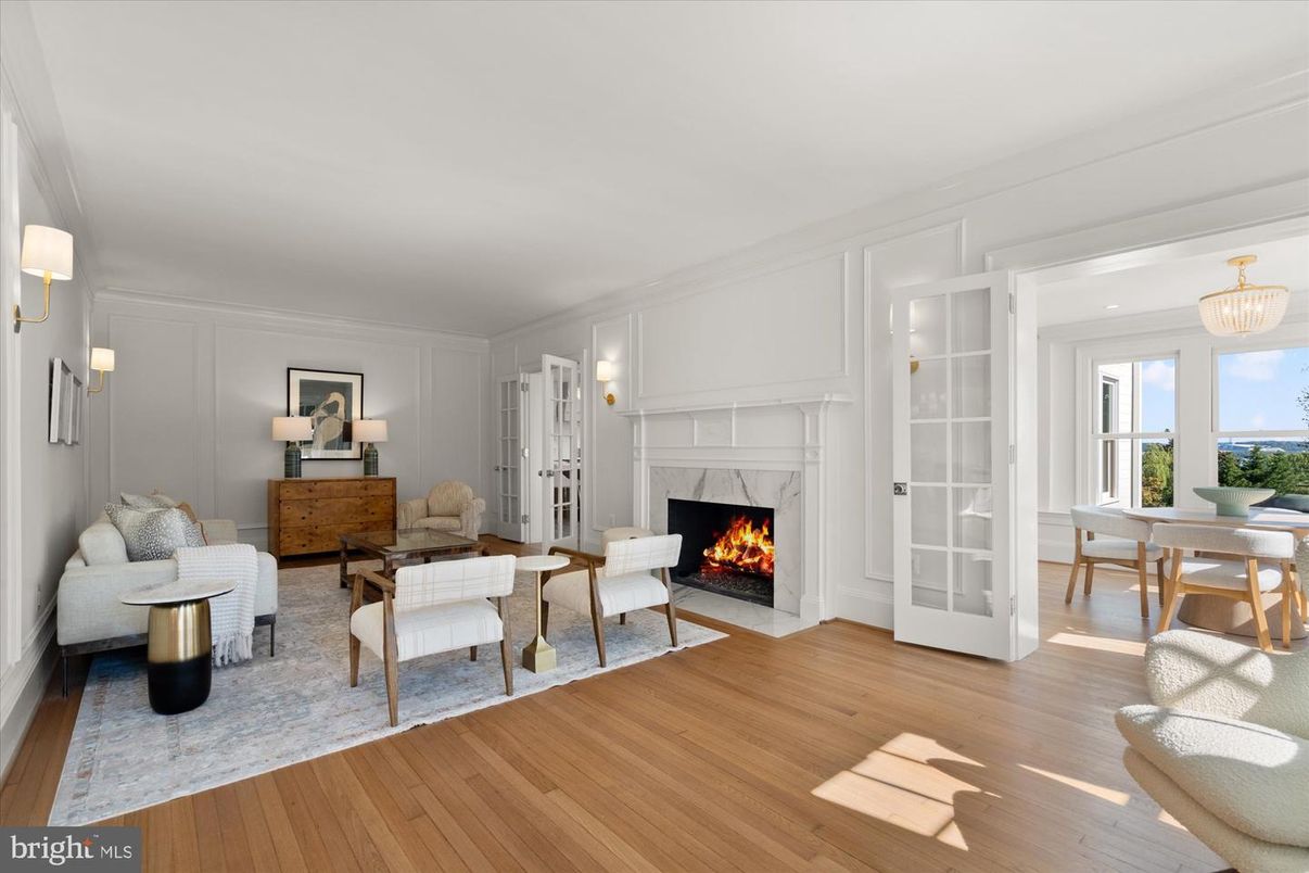 Chandelier, Dining room, Fireplace, Interior, Living room, Pendant Lights, Wood Texture Flooring