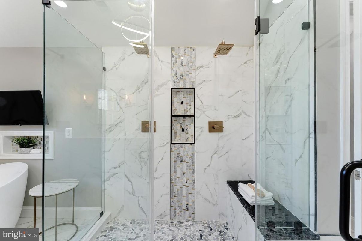 Bathroom, Glass Shower, Interior, Marble Walls, Recessed Lighting