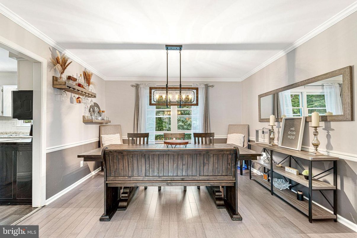 Dining room, Interior, Pendant Lights, Wood Texture Flooring