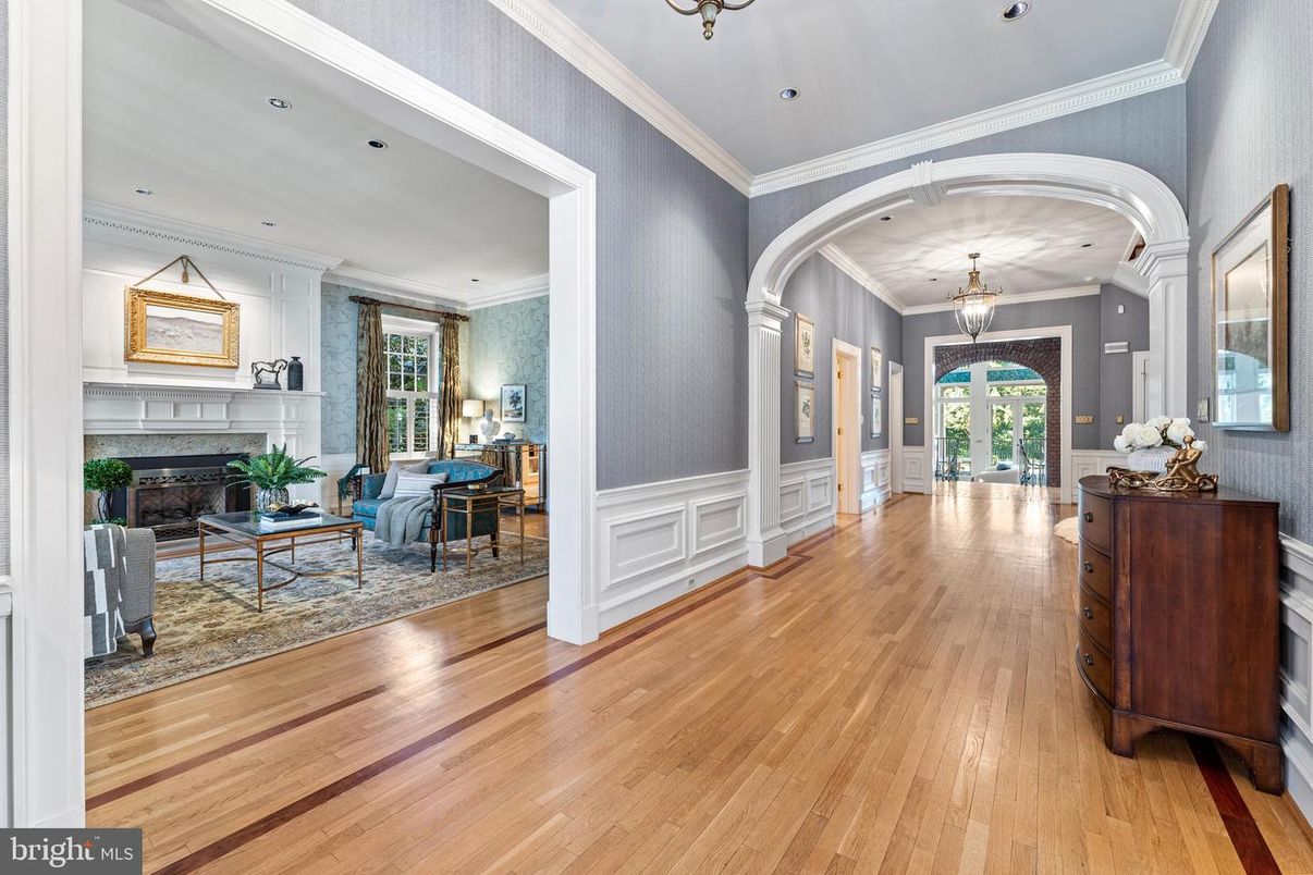 Chandelier, Fireplace, Interior, Living room, Recessed Lighting, Wood Texture Flooring